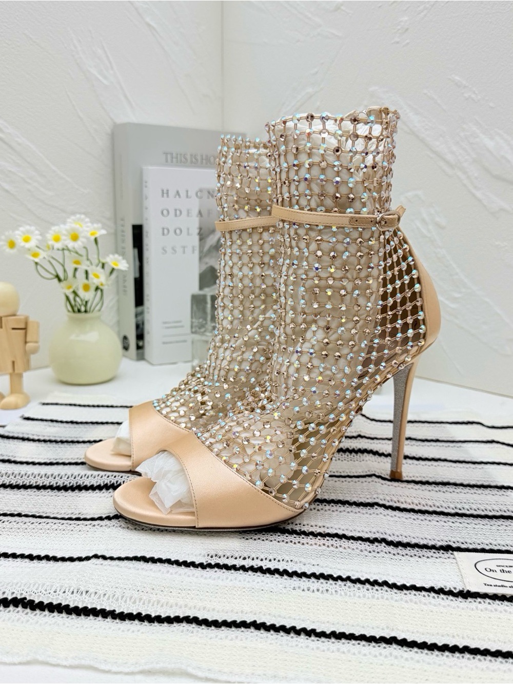 Rene Caovilla Crystal-Embellished Nude Satin Peep-Toe Stiletto Booties